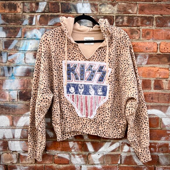 KISS Upcycled Rock N Roll Leopard Print Modern Hoodie - Black - Size Large - Picture 1 of 4